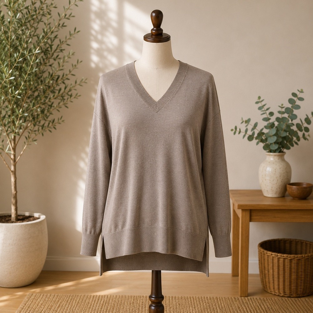 NWT Treasure & Bond‎ V-Neck Sweater Womens L Brown Shiitake Heather High Low Hem